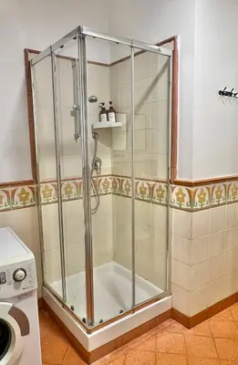 a bathroom with a shower and a toilet and a sink at Sikelia Apartment in Palermo