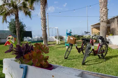 two bikes parked in a yard with palm trees at Case Playa in Balestrate