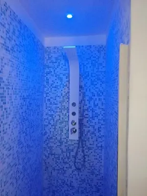a blue shower in a bathroom with blue tiles at Casa Dadà, romantic house in historic centre in Palermo