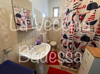 a bathroom with a sink and a shower curtain at La vecchia Badessa a due passi dal mare in Macari