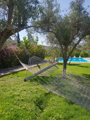 a hammock in the grass next to a pool at Agriturismo Villa Cefalà in Santa Flavia