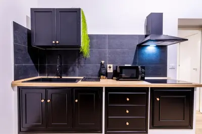 a kitchen with black cabinets and a sink at Principe di villafranca Suite in Palermo