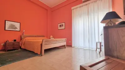 a living room with a book shelf and a red rug at Molo Santa Lucia 248 in Palermo