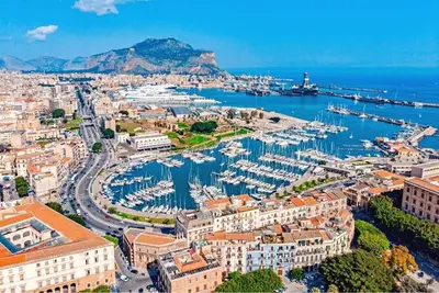 an aerial view of a harbor with boats in the water at Casa chrilù in Palermo