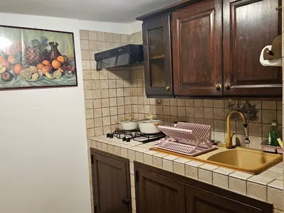 a kitchen with a sink and a stove top oven at La Dependance delle Mimose in Isola delle Femmine