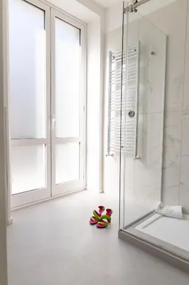 a bathroom with a glass shower and red pedals on the floor at Peonia Boutique Apartments in Palermo