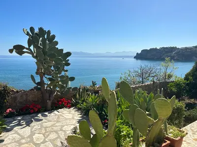 a view of the ocean from a garden with a cactus at Terrazza sul mare Scopello in Scopello