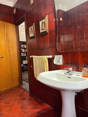 a bathroom with a white sink and red tiled walls at Holiday & House - Imparato Palermo Centro Politeama in Palermo