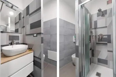 two images of a bathroom with a sink and a shower at MolteVolte Rooms in Palermo