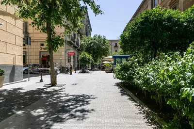 a sidewalk in a city with trees and buildings at GuestHost - NotHotel Palermo Central Bright Apartment in Palermo
