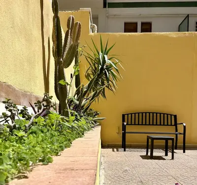 a bench sitting next to a yellow wall with plants at Palermo Central in Palermo