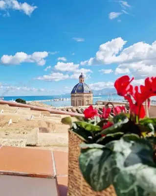 a vase with red flowers in front of the beach at Casa Al Plumbago in Termini Imerese