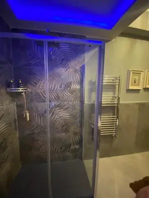 a shower in a room with a blue ceiling at Rosa Apartament in Palermo