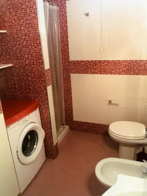 a bathroom with a washing machine and a toilet at Purple House a Castellammare del Golfo in Castellammare del Golfo