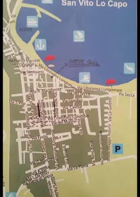 a map of san vito lo cargo with red dots at Casa Conturrana,10 metri dalla spiaggia di San Vito in San Vito lo Capo