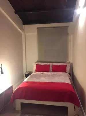a bedroom with a large bed with red pillows at Casa Allegra in Palermo