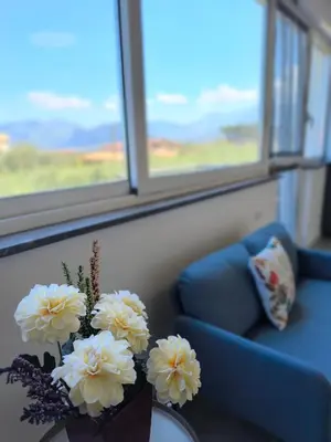 a vase with white flowers on a table with a couch at Piante del Principe Apartments in Carini