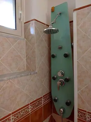 a bathroom with a shower with a green wall at Appartamento Ai Murales in Palermo