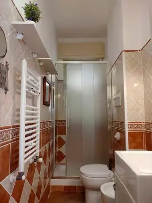 a bathroom with a shower and a toilet and a sink at Appartamento Ai Murales in Palermo