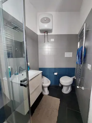 a bathroom with a toilet and a sink and a shower at Salsedine Apartment in Palermo