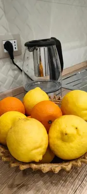 a pile of lemons and oranges in front of a juicer at PortoAmuri in Palermo