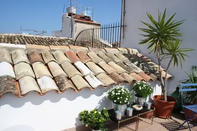 a roof of a building with potted plants on a table at Casa Design con terrazzo in centro storico a Palermo in Palermo