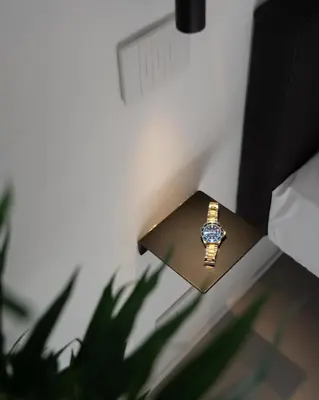 a watch sitting on a table next to a plant at Eligius Luxury Apartments in Palermo