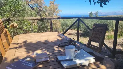 a wooden table with a coffee cup on top of it at Villa Jesabel in Scopello