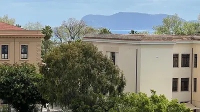 a white building with a tree in front of it at Large flat near Botanical Garden & Central Station in Palermo